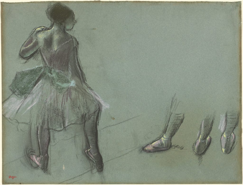 Edgar Degas (French, 1834 - 1917), Dancer Seen from Behind and Three Studies of Feet, c. 1878, black chalk and pastel on blue-gray laid paper, Gift of Myron A. Hofer in memory of his mother, Mrs. Charles Hofer 1945.6.1