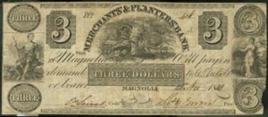 Three dollar bill issued by Merchants & Planters Bank.