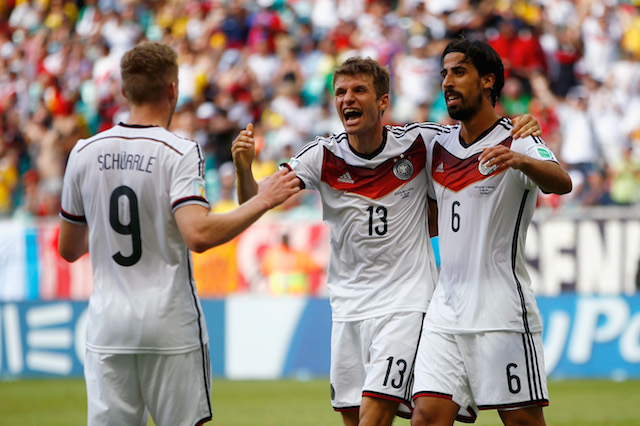Thomas Muller (center) notched a hat trick to lead Germany past Portugal. (Getty Images)
